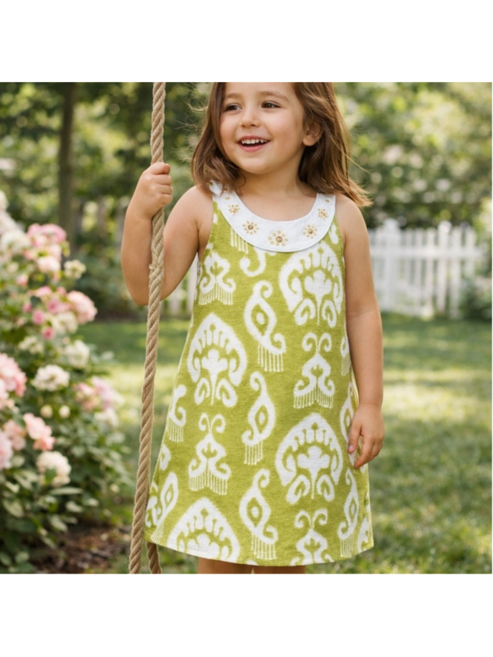 Gymboree Batik Print Girls Dress Size 5 Linen Sheath Green White